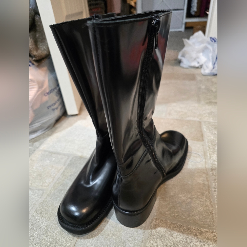 NWOT MNG Mango Leather boots zip closure Long Line Black Heeled 38 7.5 Square - Picture 7 of 11